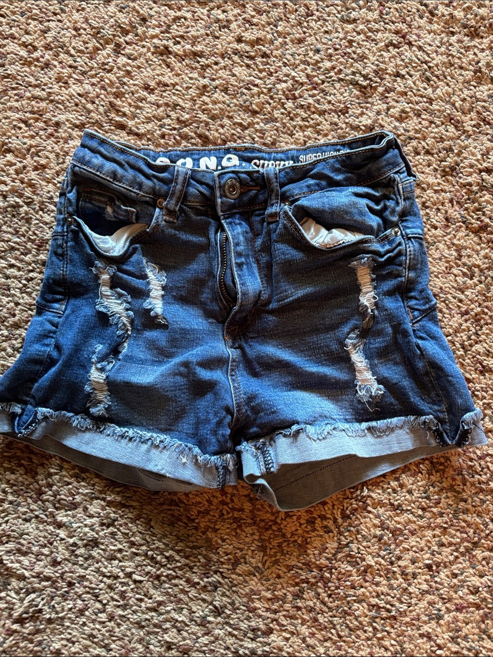 High-Rise Distressed Denim Roll-Cuff Shorts - Dark Blue